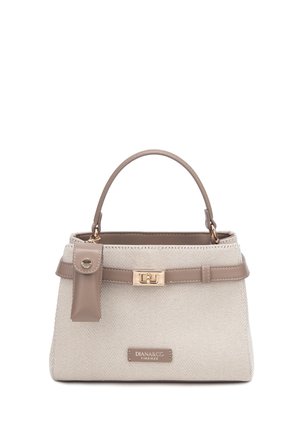 Sac à main beige texturé avec garniture en cuir taupe, poignée supérieure, fermoir doré et étiquette "DIANA&CO FIRENZE" sur le devant.