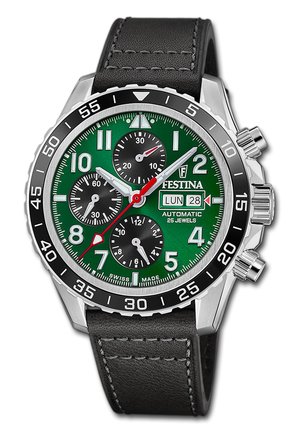 Green dial Festina chronograph watch with black bezel, three subdials, day-date display, silver hands, red second hand, and black leather strap.