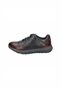 Chaussure de sport en cuir de couleur gris foncé et marron, avec une surface texturée, un design à lacets et une semelle en caoutchouc rembourrée.