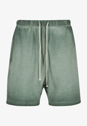 Pantalones cortos de algodón verde con una textura degradada, cinturilla elástica y cordones blancos. Incluye bolsillos laterales y un diseño minimalista en la marca.