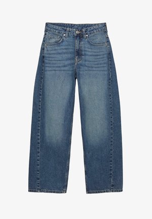 Farmerke širokog nogavica u plavoj boji, izrađene od denima, s klasičnim dizajnom pet džepova, s izblijedjelim pranjem i toniranim šavovima.