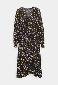 Vestido floral preto com mangas longas, apresentando flores rosas e amarelas, um decote em V, uma cintura franzida e uma silhueta fluida.