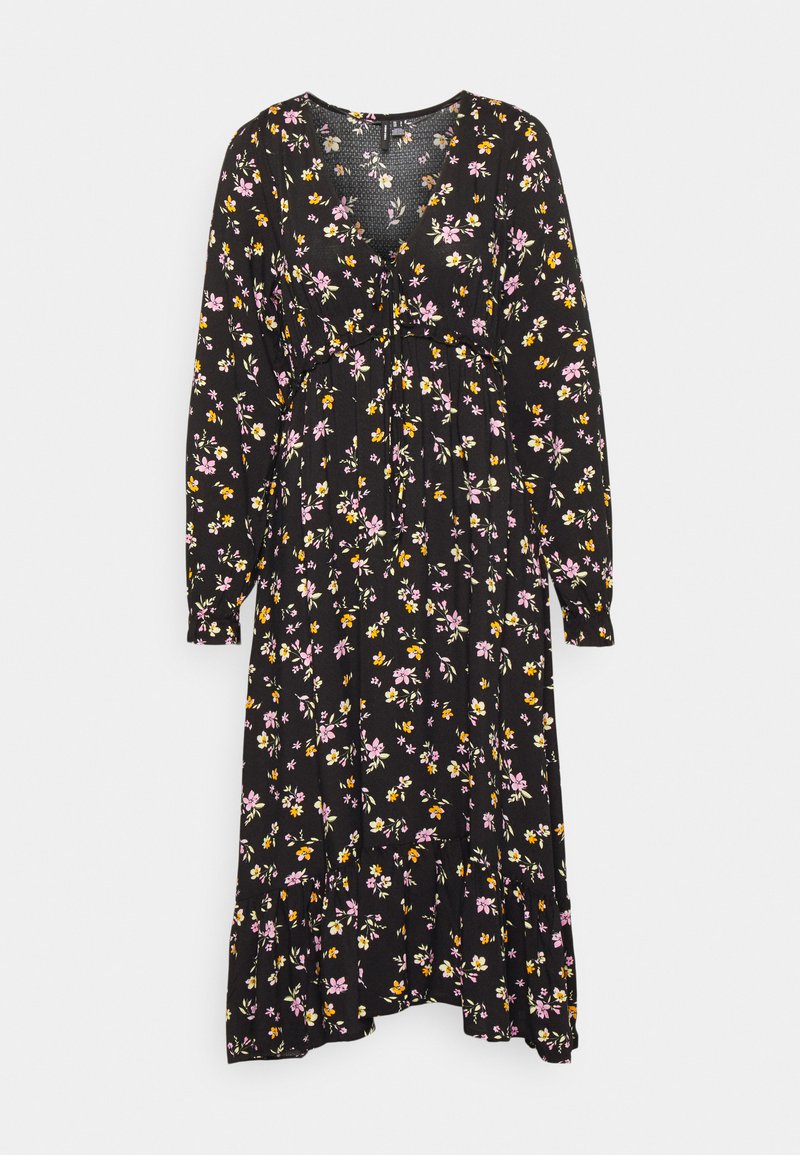 Vestido floral preto com mangas longas, apresentando flores rosas e amarelas, um decote em V, uma cintura franzida e uma silhueta fluida.