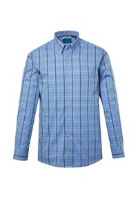 Camicia a quadri blu con colletto aperto, maniche lunghe e una tasca sul petto. Realizzata in un tessuto morbido.