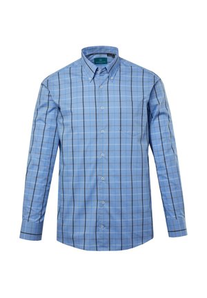 Modrá kostkovaná košile s knoflíky, s klasickým límcem, dlouhými rukávy a jednou náprsní kapsou. Vyrobena z hladké látky.