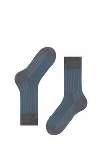 Zwei graue Socken mit blauen Streifen, die ein gemustertes Design und kontrastierende einfarbige Bündchen aufweisen, nebeneinander auf einem weißen Hintergrund dargestellt.