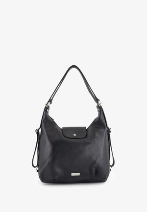 Black leather shoulder bag with a textured finish, a single shoulder strap, a snap closure, and a front flap detail. Silver hardware accents.