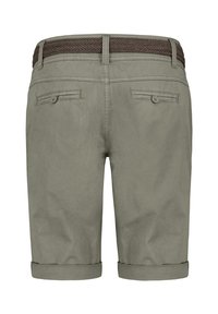 Light grey shorts with a braided brown waistband, featuring two back pockets with buttons and rolled cuffs at the hem.