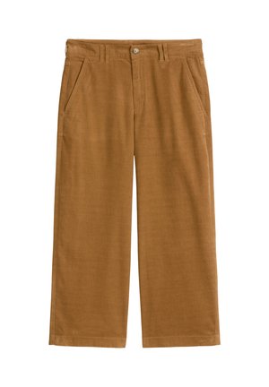 Braune weite Hosen mit glattem Stoff, frontalen Taschen und einem Knopfverschluss am Bund. Saubere Säume an den unteren Kanten.