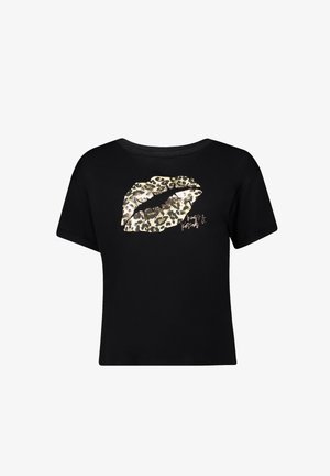 Czarny t-shirt z krótkimi rękawami z grafiką ust w złotym i lampartowym deseniu na przodzie, z błyszczącym dekoltem i luźnym krojem.