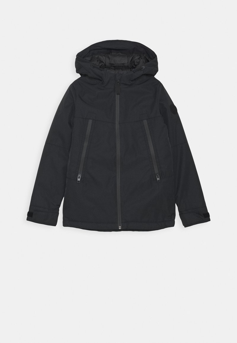 Black jacket with a hood, featuring two zippered front pockets, a smooth texture, a simple design, and a classic cut.