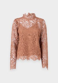 Haut en dentelle de couleur terre cuite chaude. Comprend des manches longues, un corsage ajusté, un col à volants et des motifs floraux complexes sur toute la surface.