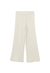 Pantaloni lavorati a maglia color crema con una texture e un motivo a costine, dotati di aperture per le gambe svasate, realizzati in un tessuto morbido e leggero.