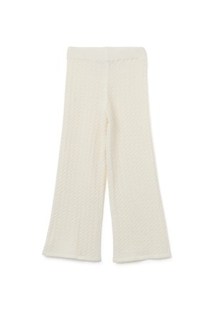 Gestructureerde crèmekleurige gebreide broek met een geribd patroon en wijde pijpen, die een zachte, lichte stof tonen.