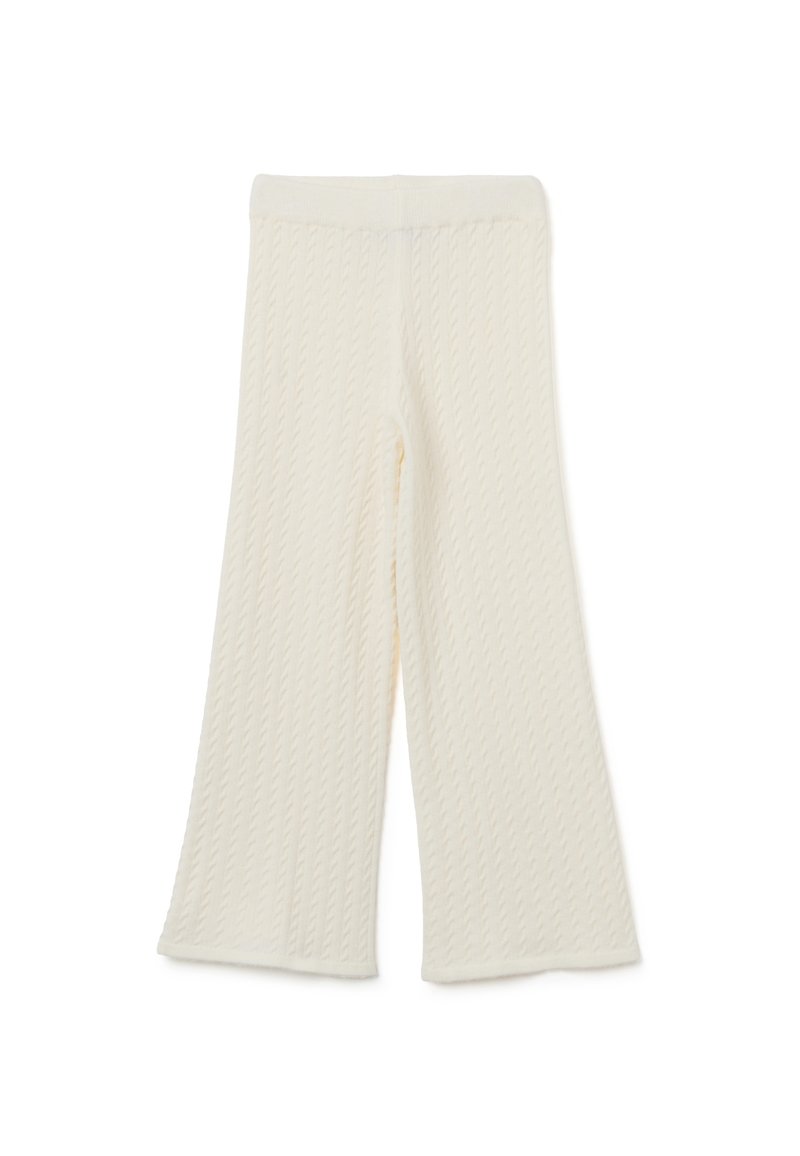 Pantaloni lavorati a maglia color crema con una texture e un motivo a costine, dotati di aperture per le gambe svasate, realizzati in un tessuto morbido e leggero.