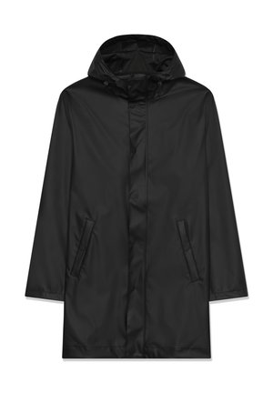 Czarny wodoodporny płaszcz przeciwdeszczowy z kapturem, z zatrzaskami, dwoma przednimi kieszeniami i gładkim, matowym wykończeniem. Długi, luźny krój.