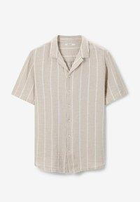 Korte mouwen overhemd in beige met witte verticale strepen, gemaakt van een gestructureerde stof, met een camp kraag en zes knopen.
