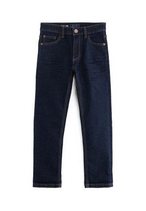 Jeans in denim blu scuro con design a gamba dritta, stile a cinque tasche, rivetti in rame e cuciture arancioni a contrasto.