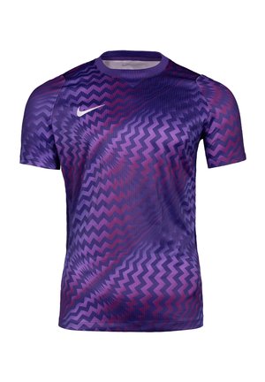 Maglietta sportiva viola a maniche corte con motivo a zigzag in diverse tonalità di viola e rosa, con logo Nike bianco sul petto destro.