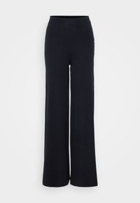 Black ribbed wide-leg pants with an elastic waistband, featuring a soft texture and flowing design, suitable for casual or comfortable wear.
