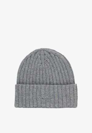 Cappellino grigio lavorato a maglia con una texture a coste e risvolto piegato. Presenta un ricamo del logo discreto sul risvolto.