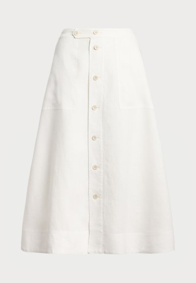 Biela ľanová midi sukňa s predným zapínaním na gombíky, dvoma bočnými vreckami a rozšíreným strihom. Obsahuje viditeľné švy a prírodné gombíky.