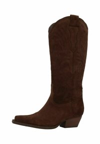 Bruine suède cowboylaars met een hoge schacht, puntige neus en een gestapelde hak. Kenmerkt zich door complexe stikpatronen op het bovenwerk.