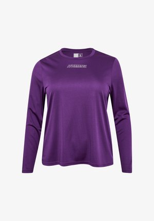 Langärmliges lila Sportshirt aus glattem, atmungsaktivem Material mit dem "HUMMEL"-Logo in Helllila auf der Brust. Runder Halsausschnitt.