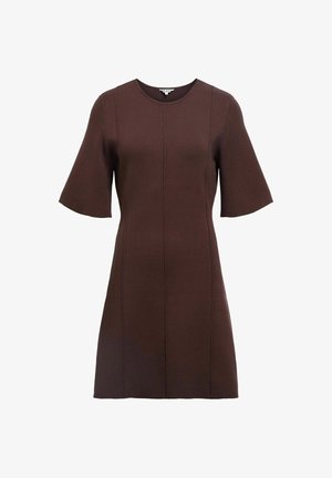 Braunes, knielanges Kleid mit kurzen Glockenärmeln, rundem Ausschnitt und Nahtdetails an der Vorderseite. Aus weichem, dehnbarem Material gefertigt.