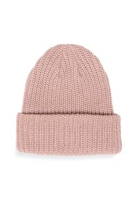 Gorro de punto en suave color rosa, con textura acanalada, vuelta en el puño y parte superior redondeada. Diseñado para proporcionar calidez y comodidad.