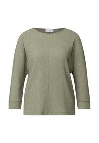 Blusa verde oliva con texture, scollatura rotonda, maniche a tre quarti e vestibilità ampia. Design semplice, tessuto morbido e dettagli sobrii.