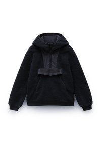 Fleece pullover hoodie i sort med struktureret stof, frontlynlås og et logo patch. Har elastiske manchetter og en kængurulomme.