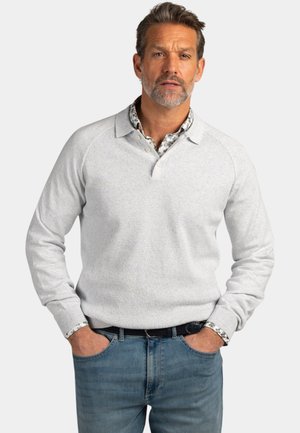 Middenjarige man met grijze baard, gekleed in een lichtgrijze gebreide trui over een bloezen shirt, blauwe spijkerbroek en een zwarte riem, met zijn handen in zijn zakken.