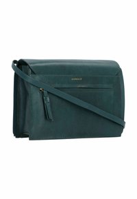 Borsa a tracolla in pelle turchese con pattina, dotata di hardware dorato, una tasca con zip e una lunga tracolla regolabile. Texture liscia con un delicato lucido.