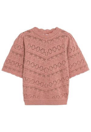 Pink strikket kortærmet sweater med chevron- og blonde mønstre, ribbet kant og bølget rund halsudskæring.
