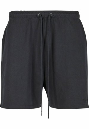 Schwarze Stoffshorts mit einem elastischen Bund, verstellbarem Kordelzug und Seitentaschen. Einfaches Design, glatte Textur, lockere Passform.