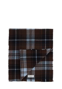 Braun und blauer Karoschal, aus weichem Stoff gefertigt, mit fransigen Kanten und einem Etikett in der Ecke, gefaltet um zwei Muster zu zeigen.