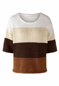 Suéter de punto con rayas horizontales en blanco, beige, marrón y marrón oscuro. Corte suelto con cuello redondo y mangas cortas.