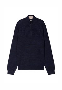 Marineblauer Strickpullover mit einem halben Reißverschluss am Kragen, strukturiertem Passe und glattem unteren Teil. Gerippte Bündchen und Saum setzen Kontraste im Design.