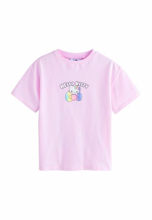 Pink cotton t-shirt featuring a graphic design of Hello Kitty with rainbow accents. Short sleeves and a classic relaxed fit.