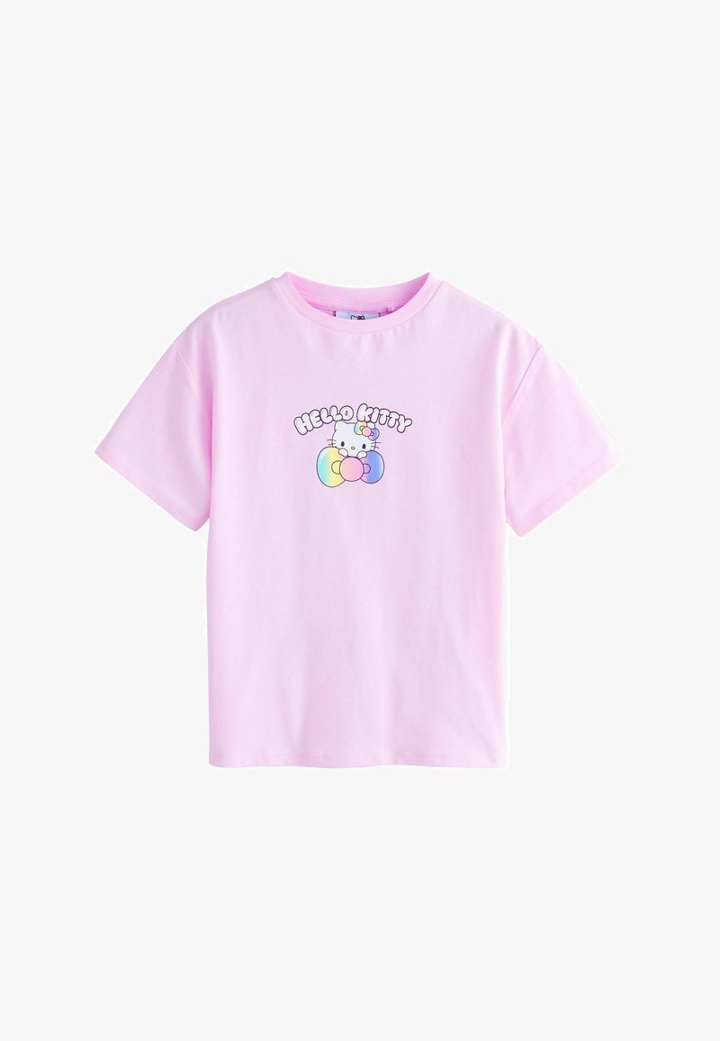 T-shirt en coton rose avec un motif graphique de Hello Kitty et des accents arc-en-ciel. Manches courtes et coupe classique décontractée.