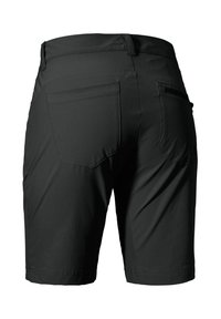 Pantalones cortos negros con dos bolsillos traseros, una textura de tela elegante y un corte recto, diseñados para la comodidad y la practicidad.