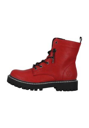 Red leather ankle boot with black laces, metal eyelets, and contrasting stitching. Features a chunky, textured black rubber sole.