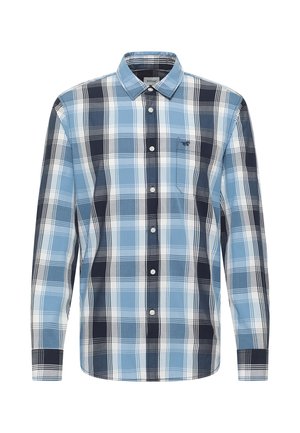 Herren Langarmhemd in Karomuster in Hellblau, Marineblau und Weiß. Mit Button-Down-Kragen und einer Brusttasche mit besticktem Detail.