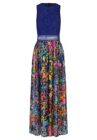 Blauwe kant zonder mouwen bodice, versierd met een gestructureerde bloemenrok in levendige kleuren. Heeft een getailleerde taille met een gemarmerde band.
