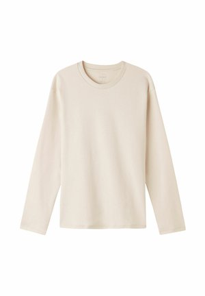 Camiseta de algodón de manga larga en color crema con cuello redondo y corte relajado. Textura suave, diseño liso, sin patrones ni acentos visibles.