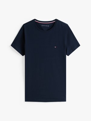 T-shirt in cotone blu navy con colletto a giro, maniche corte e un piccolo logo sul petto. Texture morbida e design semplice.