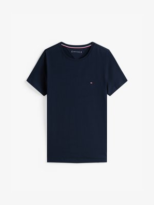 Navy blue cotton t-shirt with a crew neck, short sleeves, and a small logo on the chest. Soft texture and simple design.