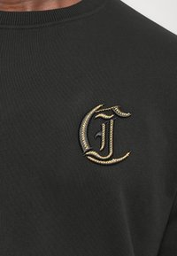 Juodas džemperis su apvaliu iškirpimu, turintis ryškų išsiuvinėtą logotipą juoda ir auksine siūle. Lygus paviršius.