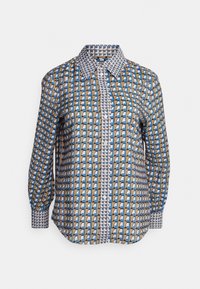 Camicetta a maniche lunghe con un motivo geometrico blu, beige e bianco, dotata di colletto e polsini strutturati. Realizzata in tessuto liscio.